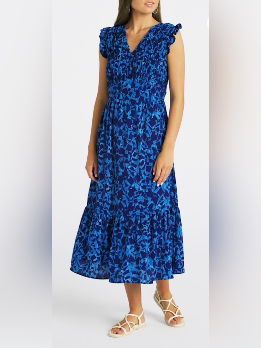 London Times Navy and Blue Geometric Maxi Dress